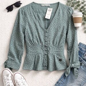 Abercrombie & Fitch Green Polka Dot Peplum Blouse XXS New With Tags